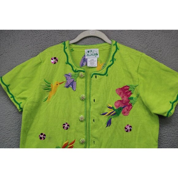 Quaker Factory Lime Green Embroidered Beaded Sweater-Large-Button Up-Birds - Picture 2 of 15